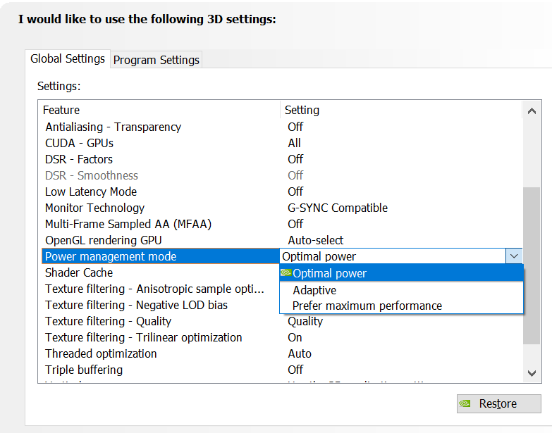 nvidia power management mode prefer maximum performance